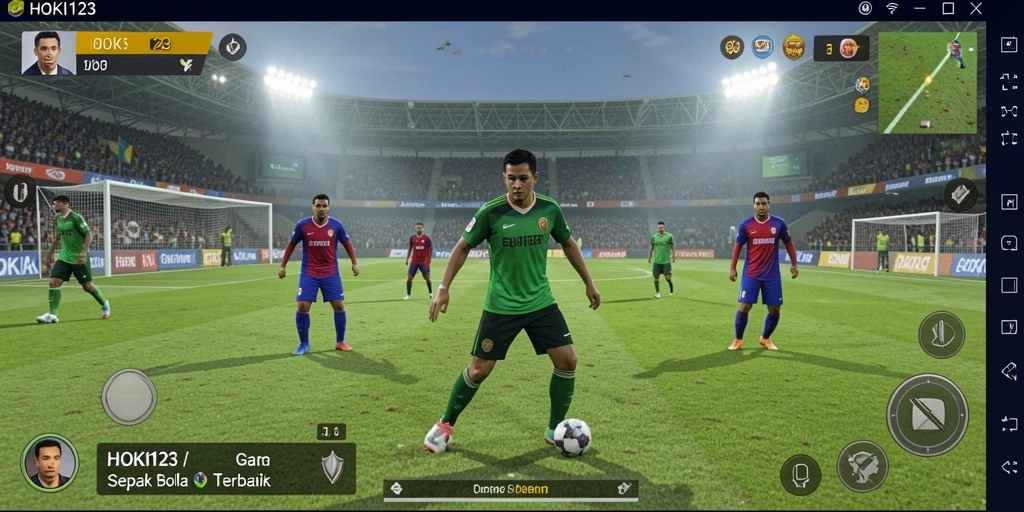 Tampilan gameplay HOKI123 dengan aksi mendebarkan di lapangan sepak bola.