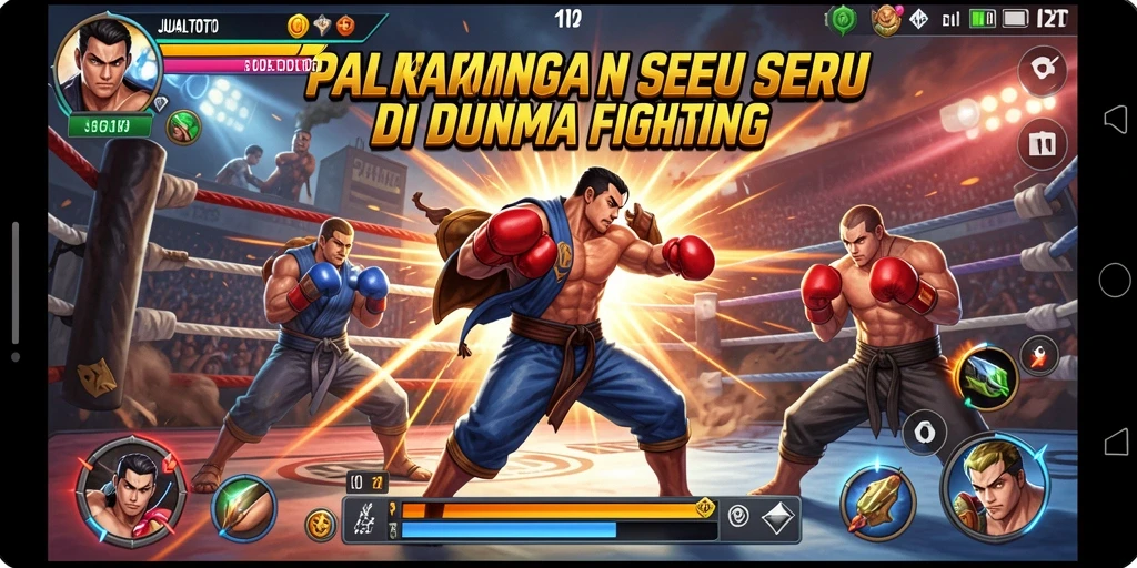 Screenshot gameplay JUALTOTO menampilkan pertarungan seru antara karakter di arena.