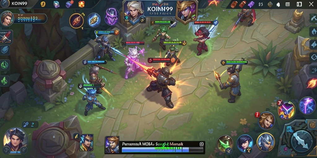Screenshot gameplay KOIN99 menampilkan pertarungan tim MOBA yang epik.