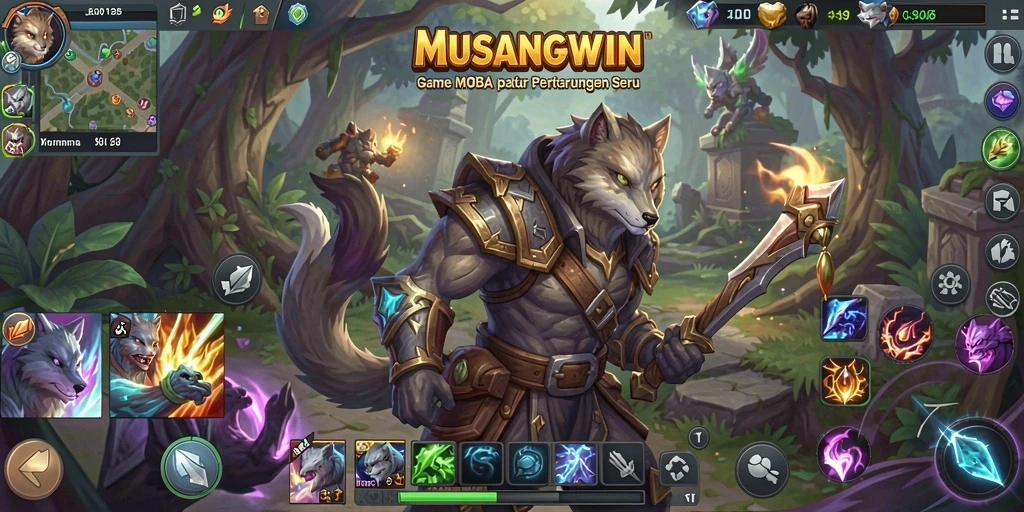 Tampilan gameplay seru dalam MUSANGWIN dengan strategi MOBA.
