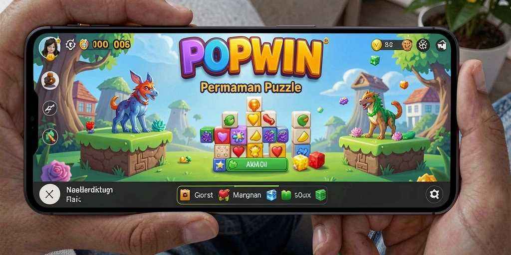 Screenshot utama POPWIN menunjukkan gameplay menantang yang menyenangkan.