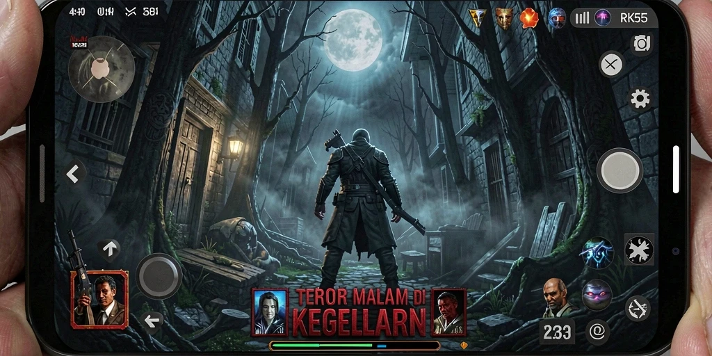 Screenshot gameplay RK55 menampilkan lingkungan menegangkan dan karakter horor.