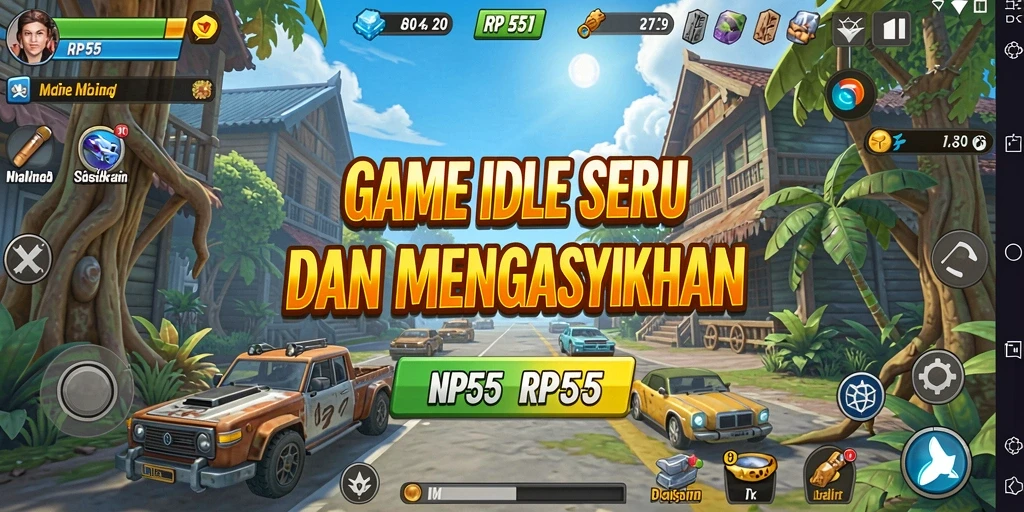 Screenshot gameplay RP55 menampilkan karakter yang mengumpulkan sumber daya secara otomatis.