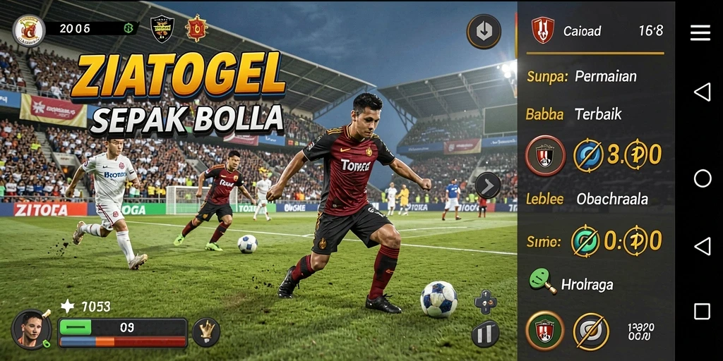 Tampilan utama gameplay ZIATOGEL dengan aksi sepak bola seru.