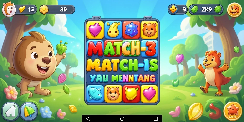 Screenshot ZK9 menampilkan gameplay Match-3 yang seru dan penuh warna.